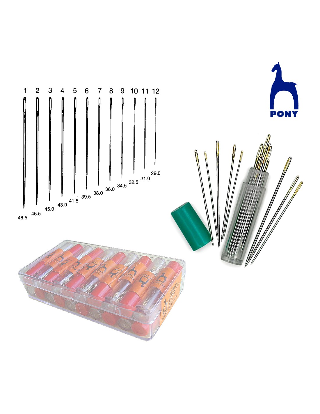 Aguja coser Pony ojo largo, caja de 20 tubos