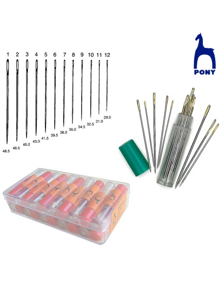 Aguja coser Pony ojo largo, caja de 20 tubos