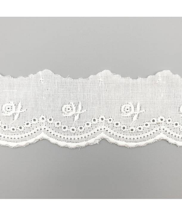 Puntilla de tira bordada de algodón 100% de 45 mm. de ancho