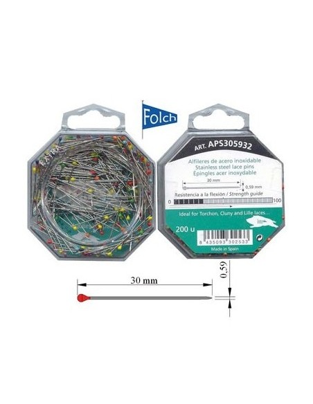 Alfiler cabeza pera APS305932 30x0,59 mm, caja de 200 u