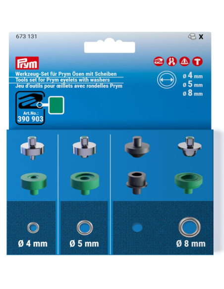 Juego herram. ojetes arandelas Prym 4+5+8mm 673131, blister