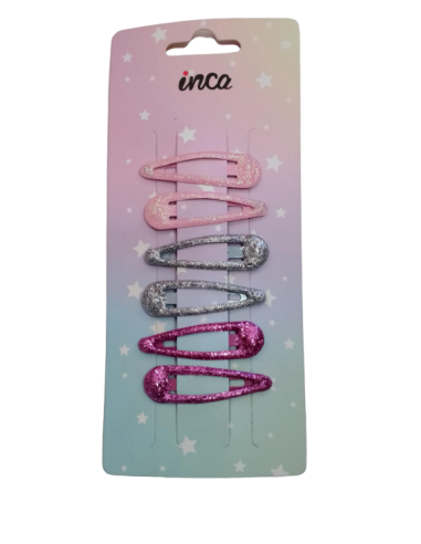 Clips brillantina fantasía 5 cm Inca 43557, blister de 6 und.