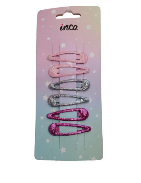 Clips brillantina fantasía 5 cm Inca 43557, blister de 6 und.