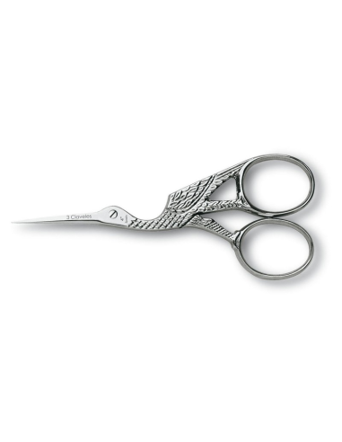 Tijera bordar cigüeña 4" plata 3 Claveles