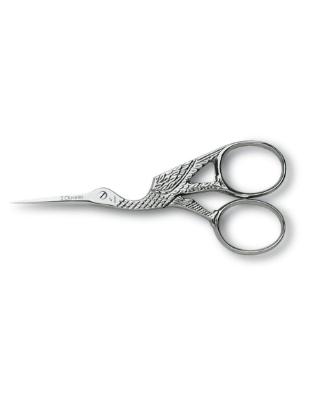Tijera bordar cigüeña 4" plata 3 Claveles