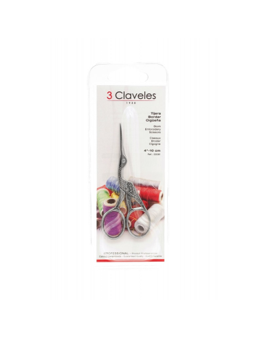 Tijera bordar cigüeña 4" plata 3 Claveles