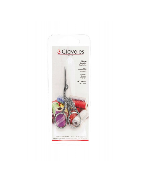 Tijera bordar cigüeña 4" plata 3 Claveles