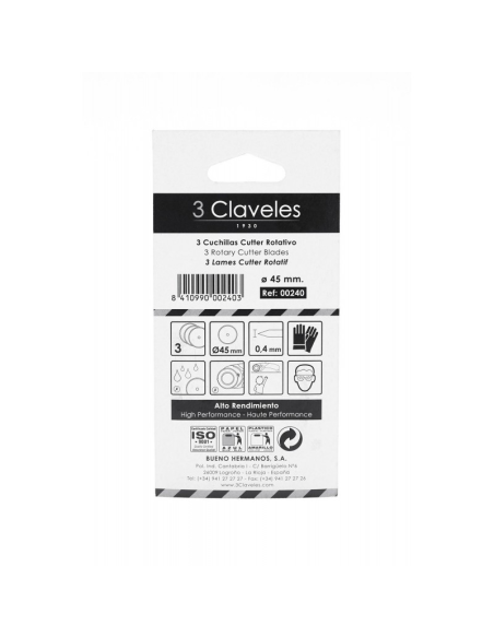 Cuchillas cutter rotativo 3 Claveles 0240, blister de 3 u